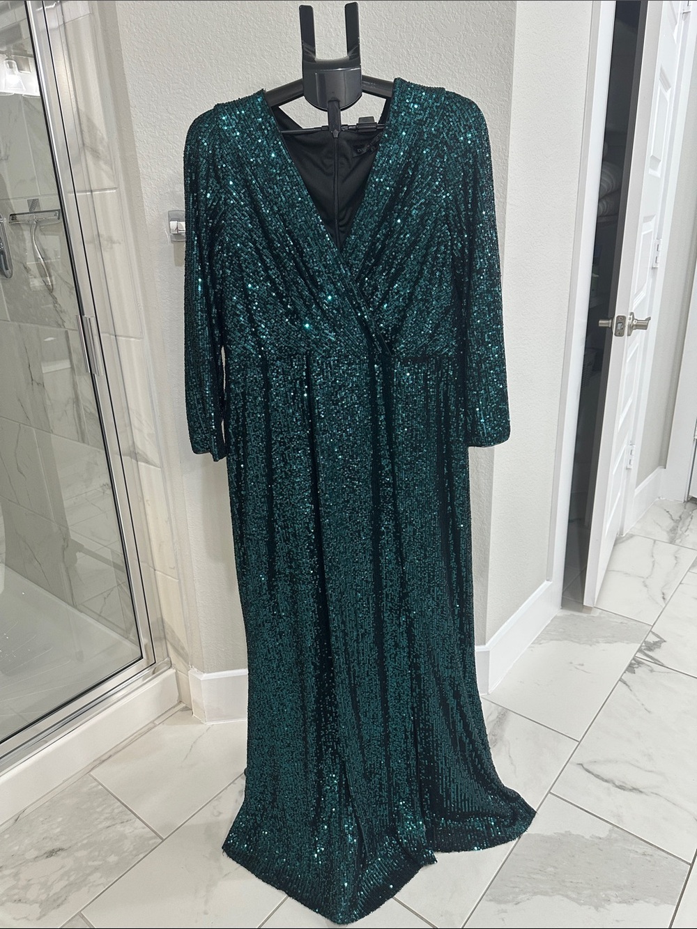 Ever Pretty Teal Green Sequin Wrap Maxi Dress with Long Sleeves